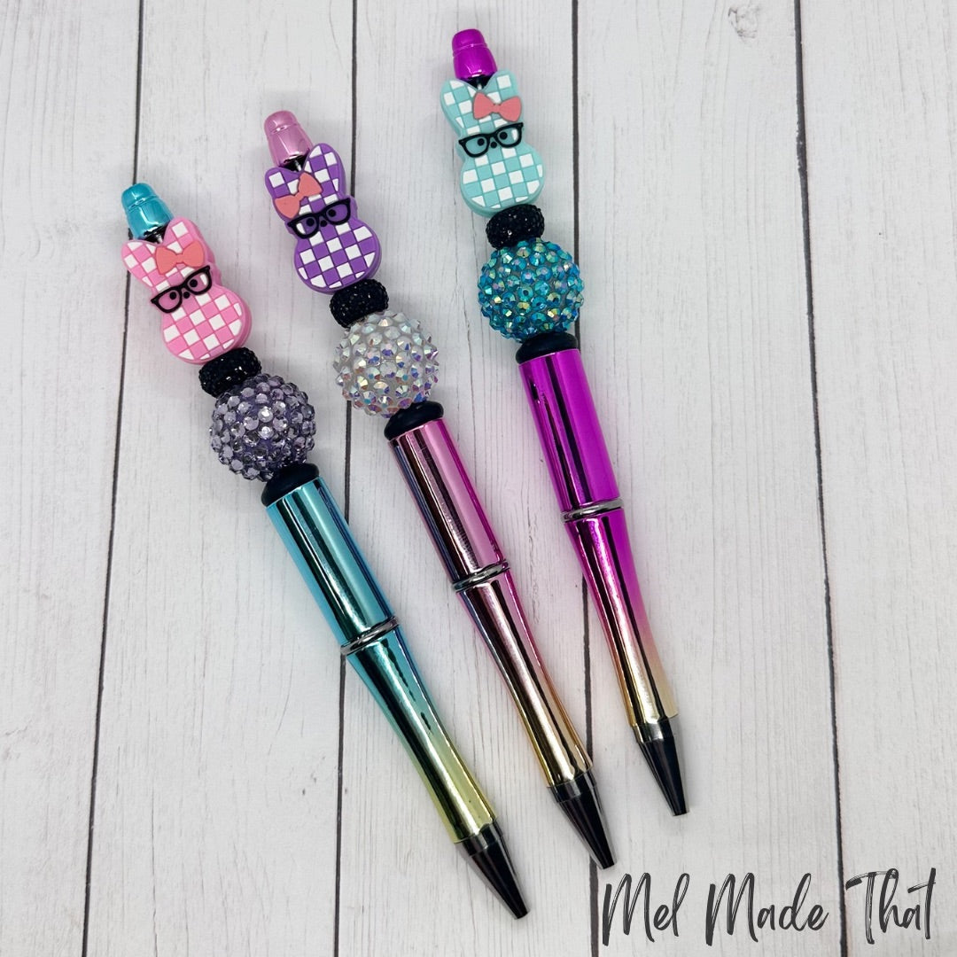 Checkered Bunny with Glasses - Easter Beaded Pens