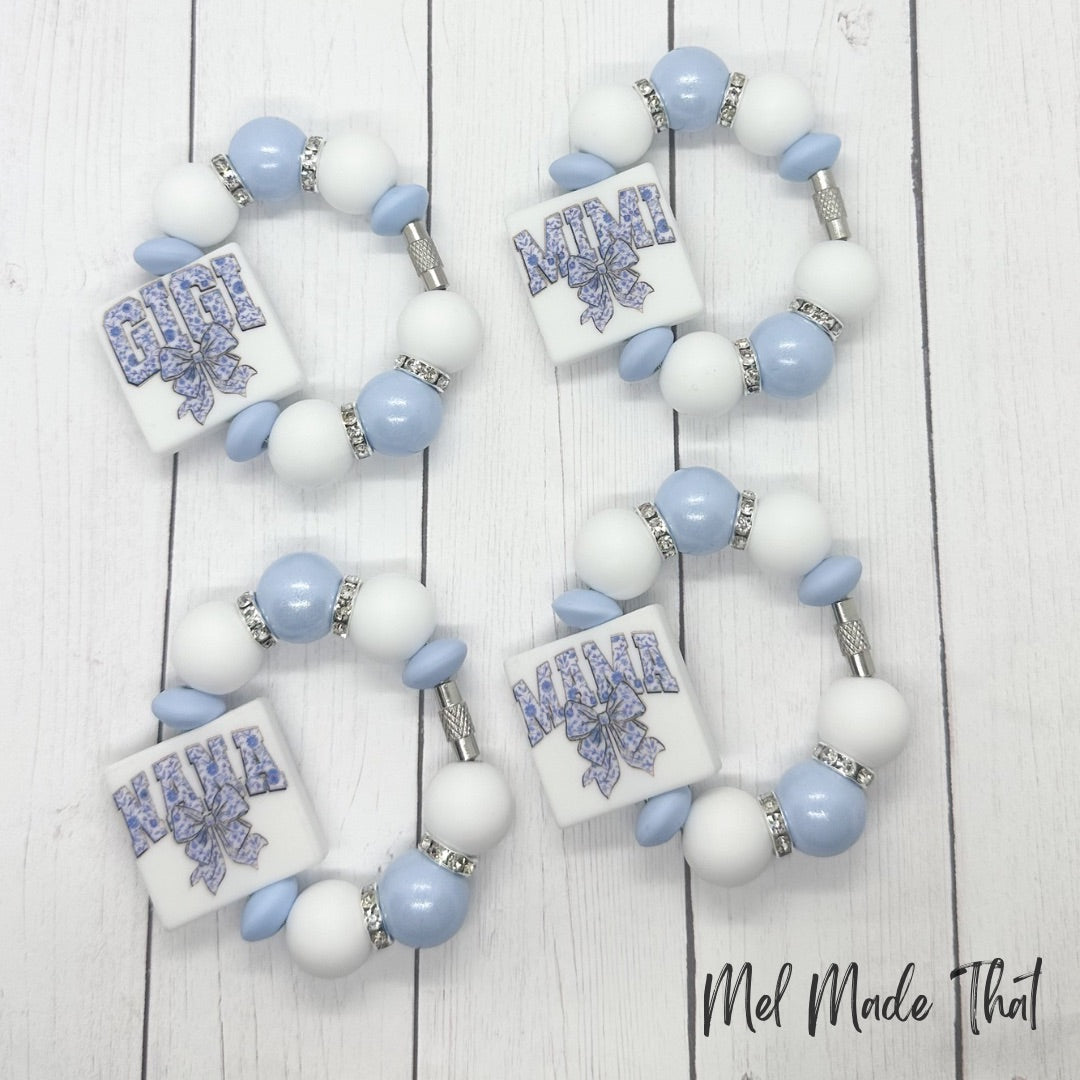 Cup Charm/Luggage Tag - Blue Floral Cup Charm with Bow - Mama/Nana/Mimi/Gigi
