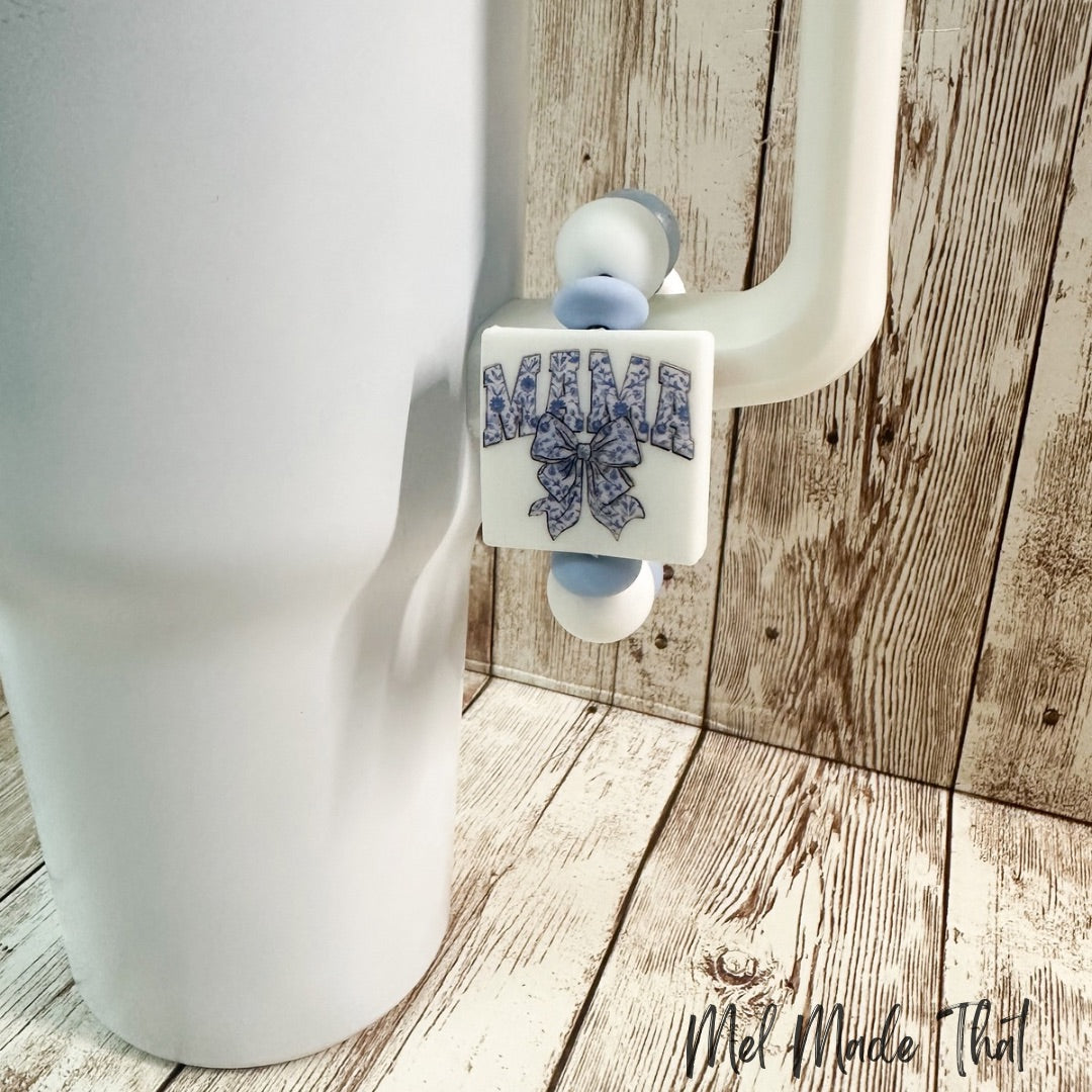 Cup Charm/Luggage Tag - Blue Floral Cup Charm with Bow - Mama/Nana/Mimi/Gigi