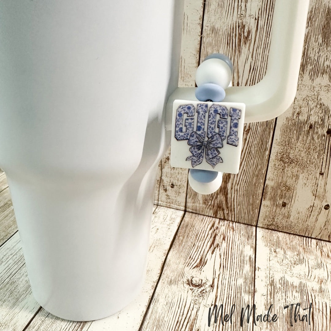 Cup Charm/Luggage Tag - Blue Floral Cup Charm with Bow - Mama/Nana/Mimi/Gigi
