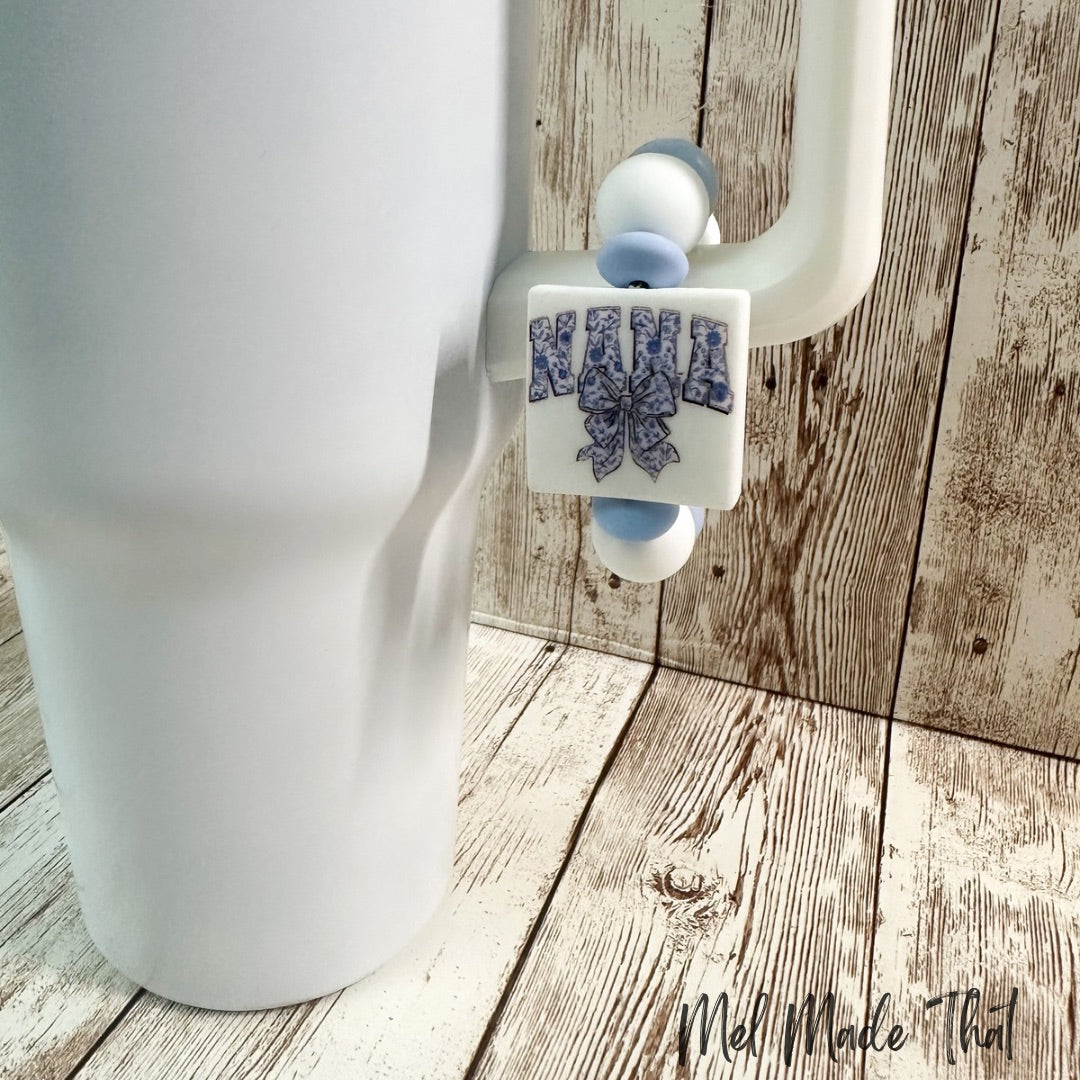 Cup Charm/Luggage Tag - Blue Floral Cup Charm with Bow - Mama/Nana/Mimi/Gigi