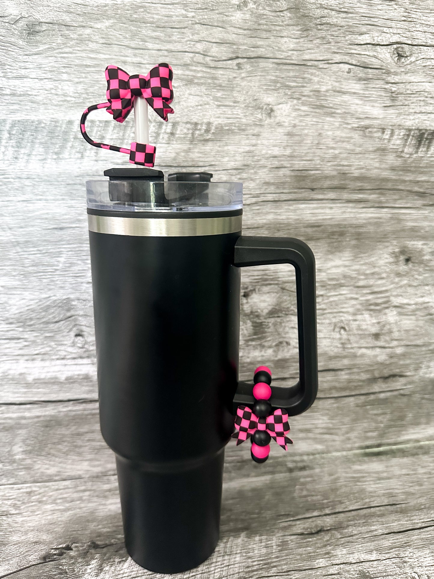 Black and Pink Checkered Bow Tumbler Cup Accessories