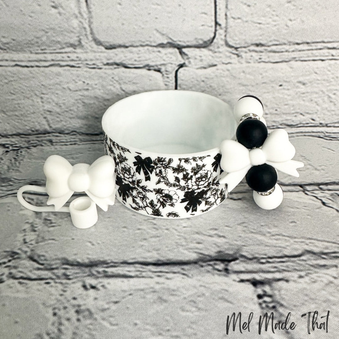 Black and White Floral with Bows Tumbler Accessories