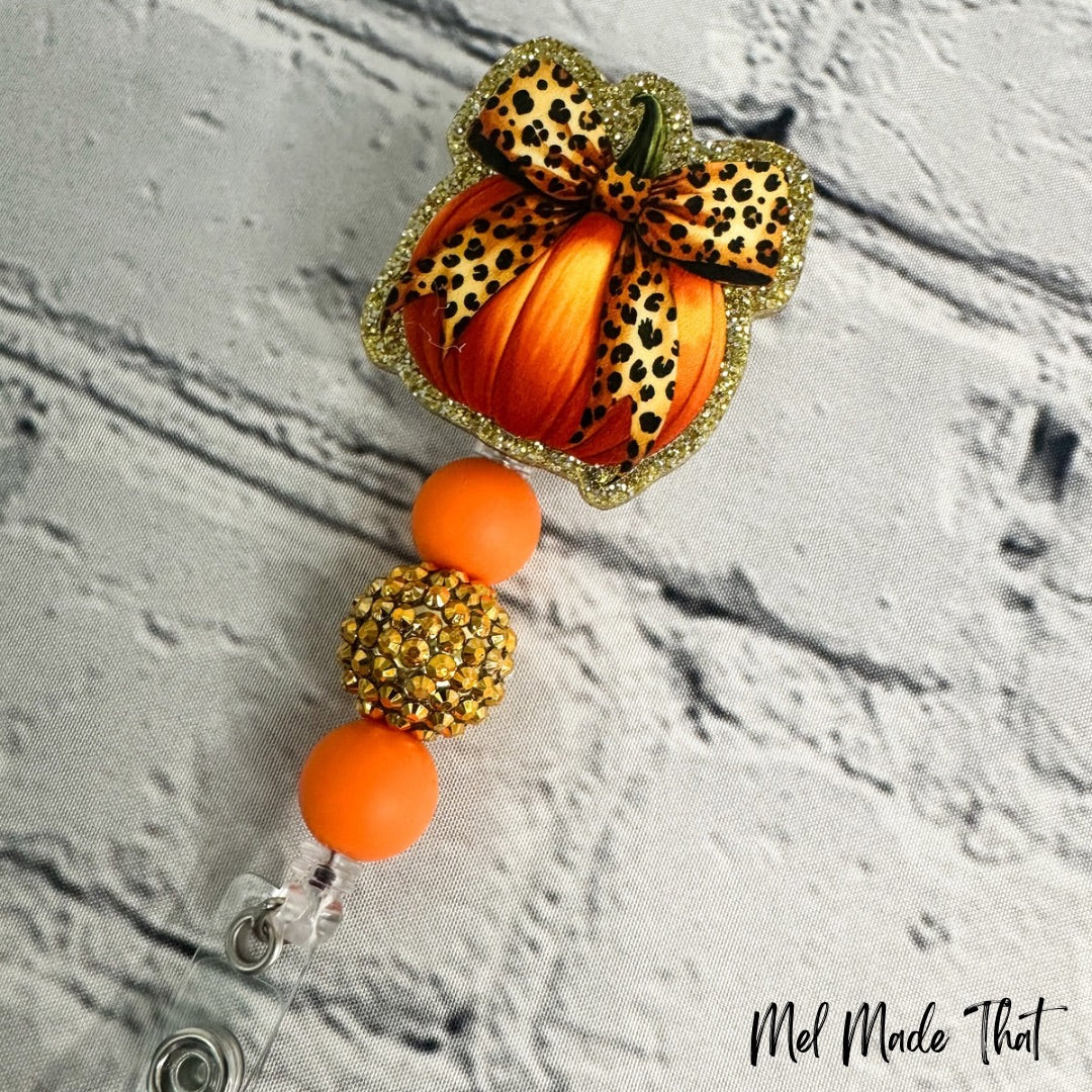 Pumpkin with Leopard Bow - Badge Reel