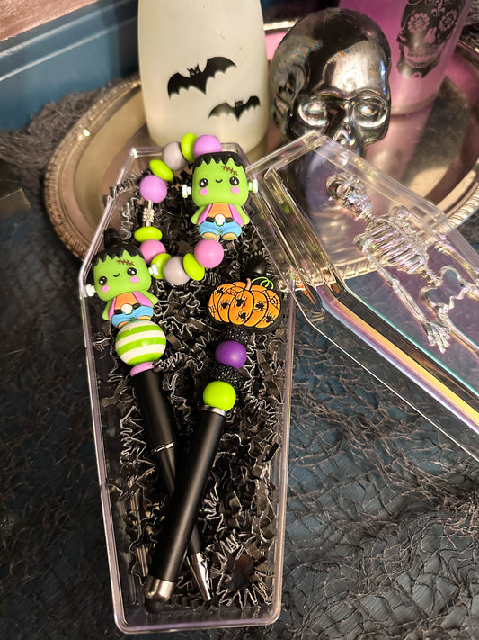 Spooky Box - Frankenstein Pen, Frankenstein Cup Charm & Pumpkin with Spiders Stylus Pen - Perfect Gift for your Boo!