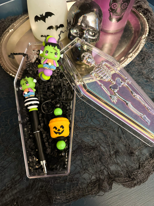 Spooky Box - Frankenstein Pen, Frankenstein Cup Charm & Halloween Treat Bucket Keychain - Perfect Gift for your Boo!