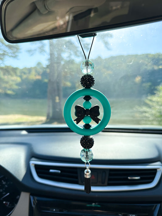 CAR CHARM - Turquoise with Black Glitter Coquette Bow {for Rearview Mirror}