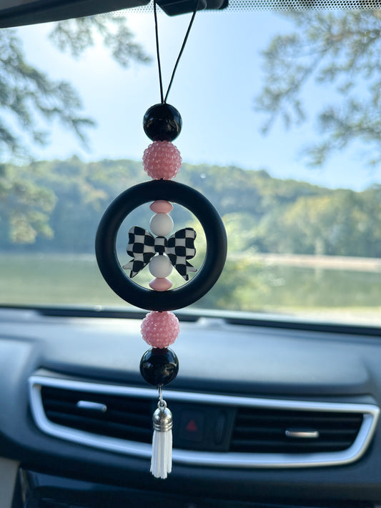 CAR CHARM - Black and White Checkered Coquette Bow {for Rearview Mirror}