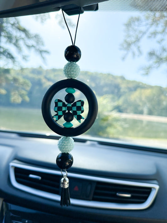 CAR CHARM - Turquoise and Black Checkered Coquette Bow {for Rearview Mirror}