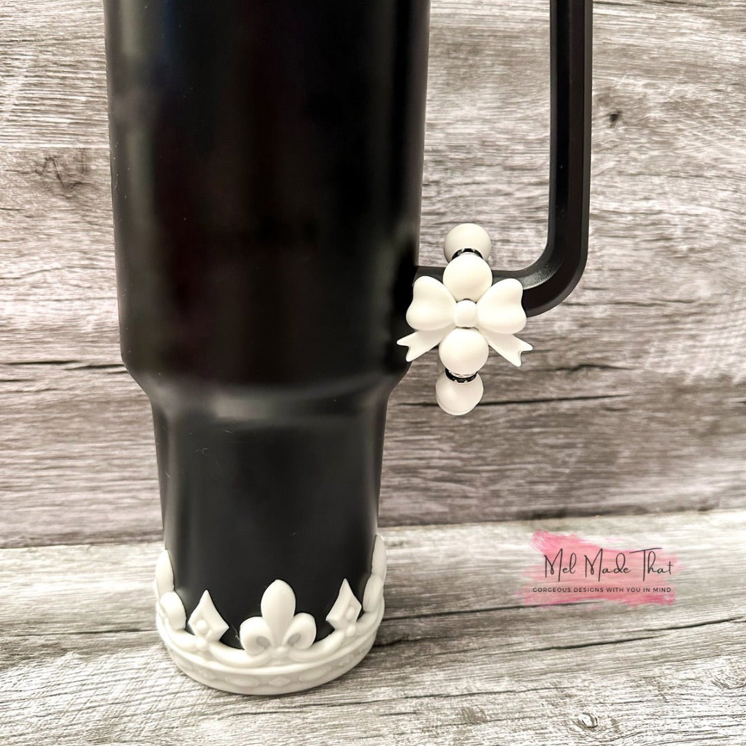 White Crown Silicone Tumbler Boot with Matching Coquette Bow Cup Charm