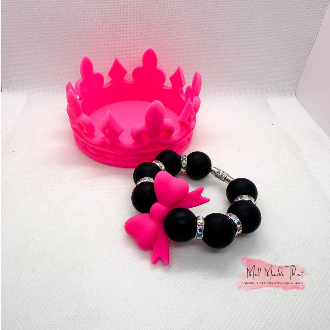 Hot Pink Crown Silicone Tumbler Boot with Matching Coquette Bow Cup Charm