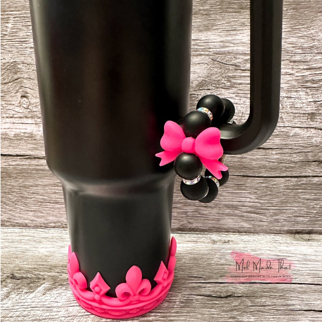 Hot Pink Crown Silicone Tumbler Boot with Matching Coquette Bow Cup Charm