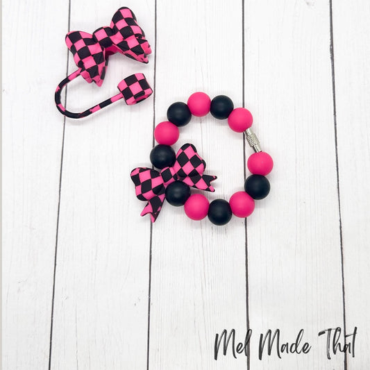 Black and Pink Checkered Bow Tumbler Cup Accessories