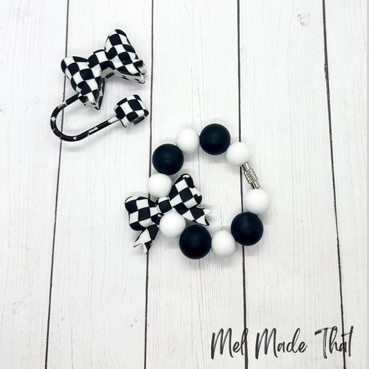 Black and White Checkered Bow Tumbler Cup Accessories