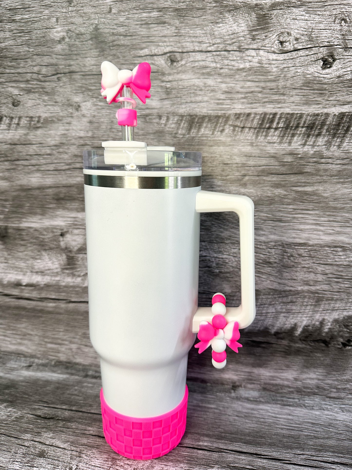 Hot Pink and White Swirl Bows Tumbler Accessories