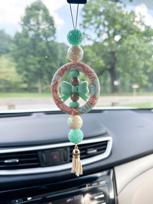 Car Charm - Floral Print | Mint Bow {for Rearview Mirror}