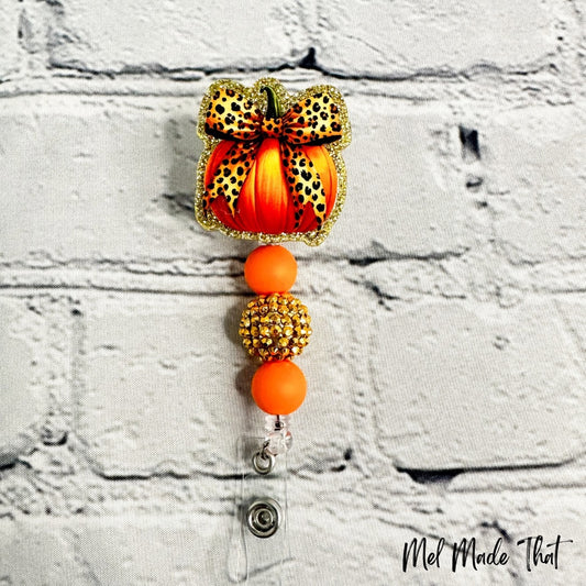 Pumpkin with Leopard Bow - Badge Reel