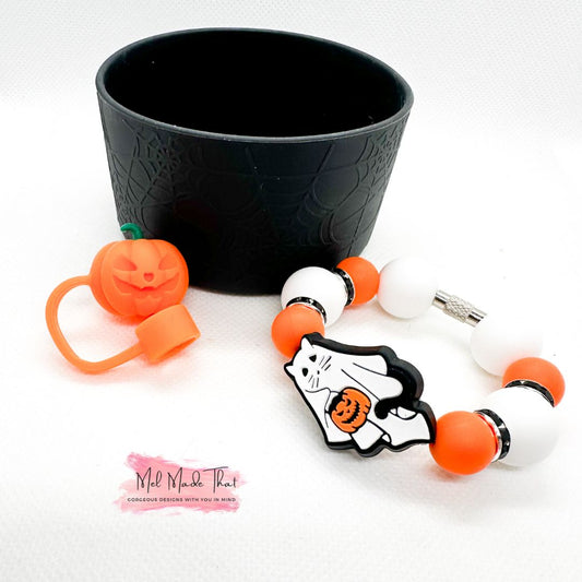 Ghost Cat with Pumpkin - Tumbler Accessory Set